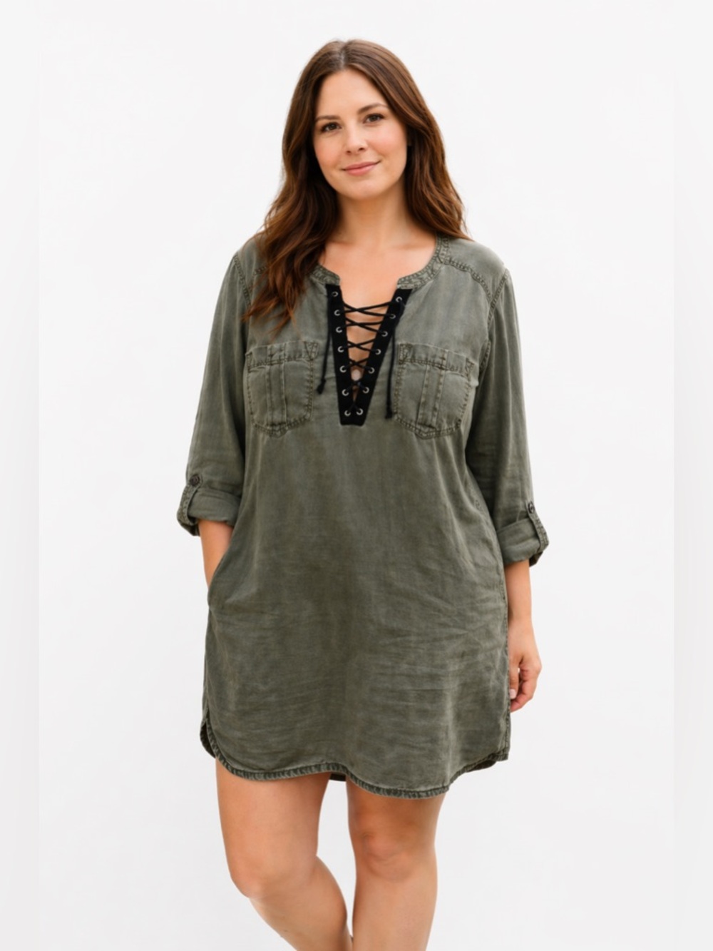 Express Olive Green Lace-Up Shirt Dress
